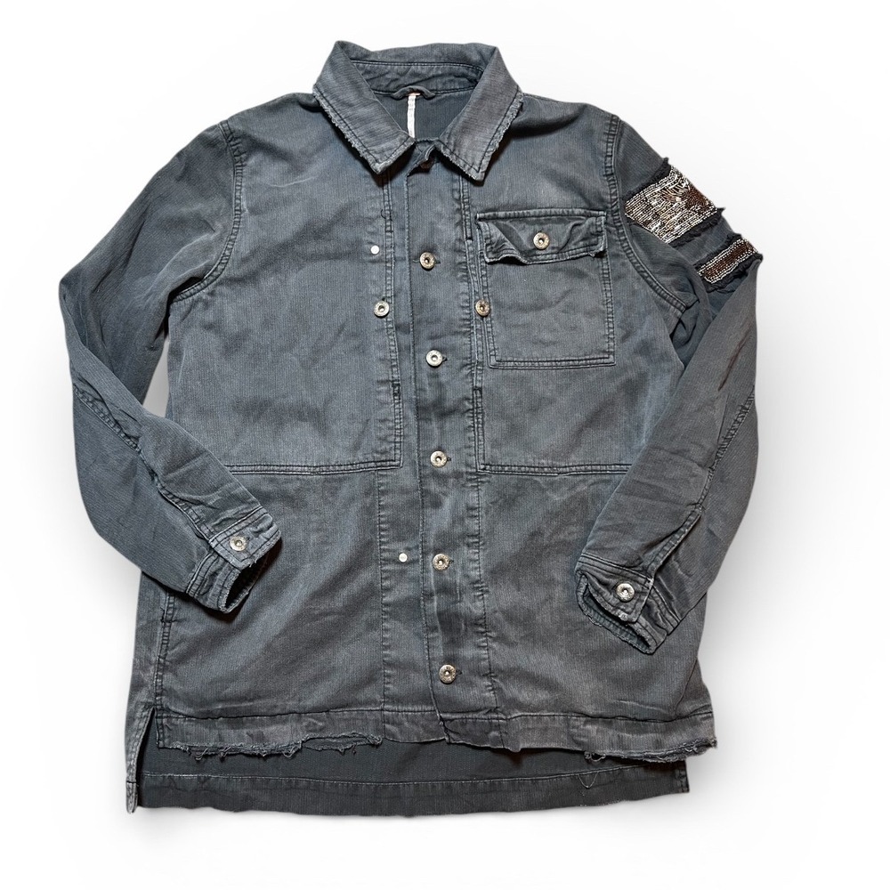 Free People Distressed Embellished Millitary Shirt Jacket Gunmetal Size Medium